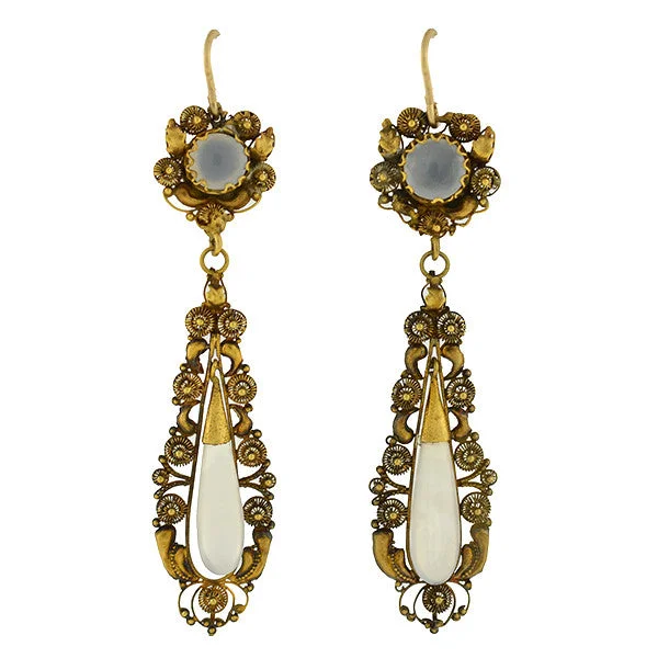 Retro Earrings-Victorian 18kt Chalcedoney Cannetille Teardrop Earrings