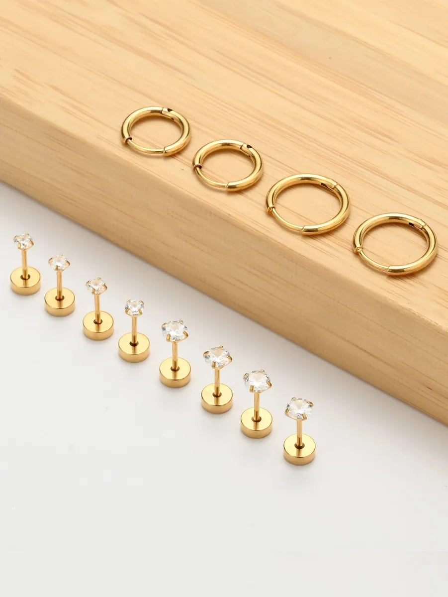 6 Pairs Lady Solid Color Plating Inlay Stainless Steel Zircon 14k Gold Plated Ear Studs