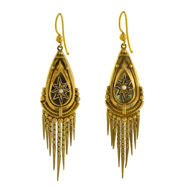 Long Tassel Earrings-Victorian 15kt Pearl Enameled Starburst Foxtail Fringe Earrings