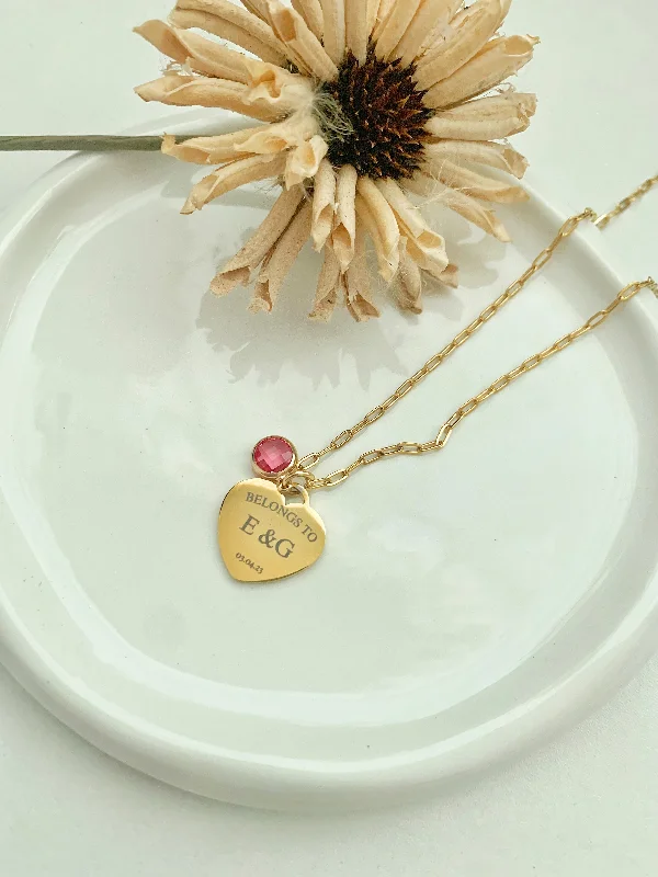 Unique Heart Necklace-Heart token with birthstone necklace