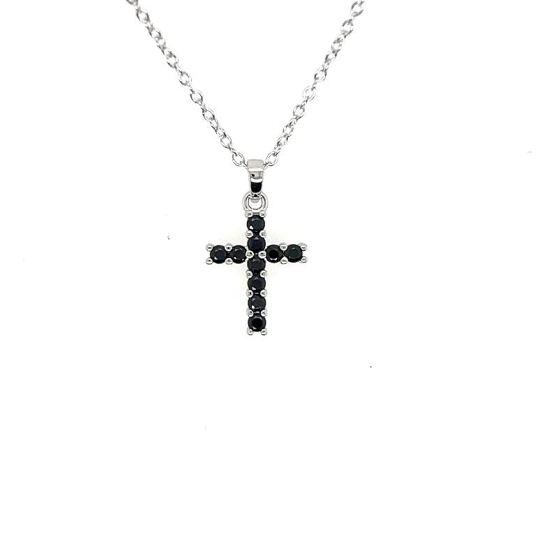 Natural Stone Necklace-Sterling Silver Black Spinel Cross Pendant Necklace