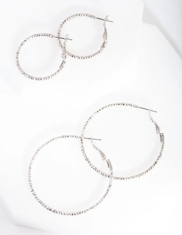 Rhinestone Earrings-Silver Textured Hoop Earring Pack