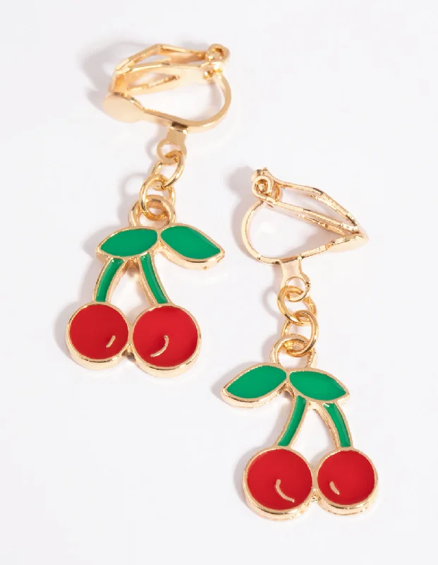 Party Drop Earrings-Red Cherry Clip-On Earrings