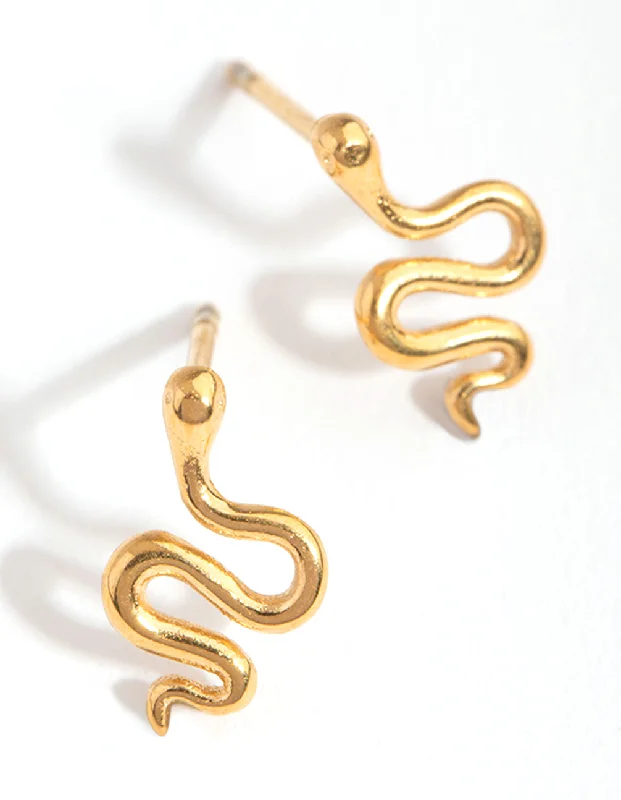 Cute Animal Earrings-24 Carat Gold Plated Surgical Steel Polished Snake Stud Earrings