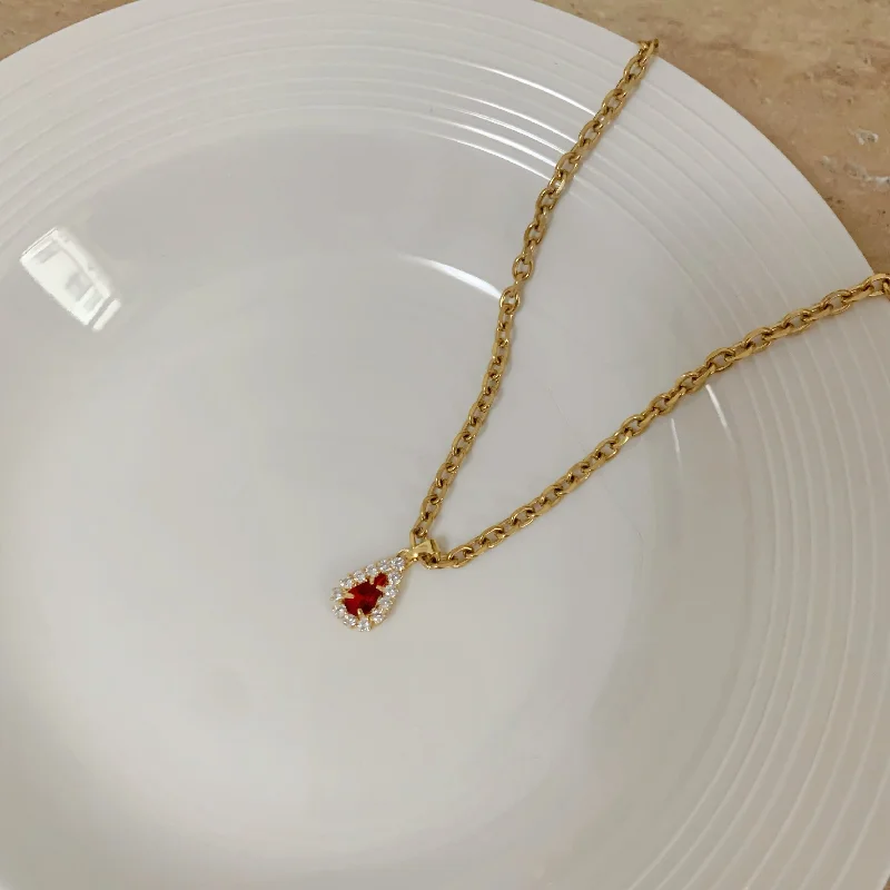 Handmade Pearl Necklace-Red Zircon Pendant Necklace