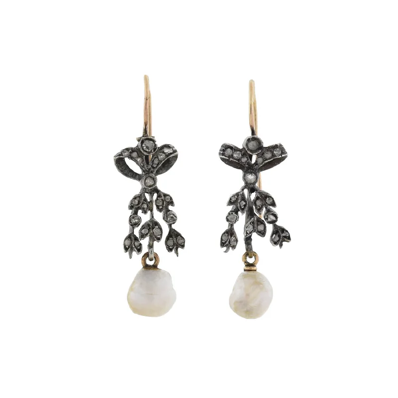 Multi-Colored Drop Earrings-Victorian Sterling/14kt Rose Cut Diamond + Natural Pearl Bow Motif Earrings