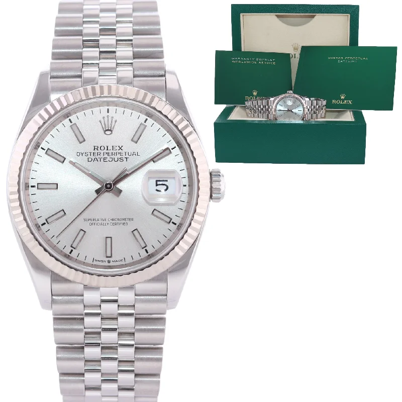 Men's Watch with Day Date Display-Rolex DateJust Silver Stick Jubilee 126234 Steel White Gold Fluted Watch Box