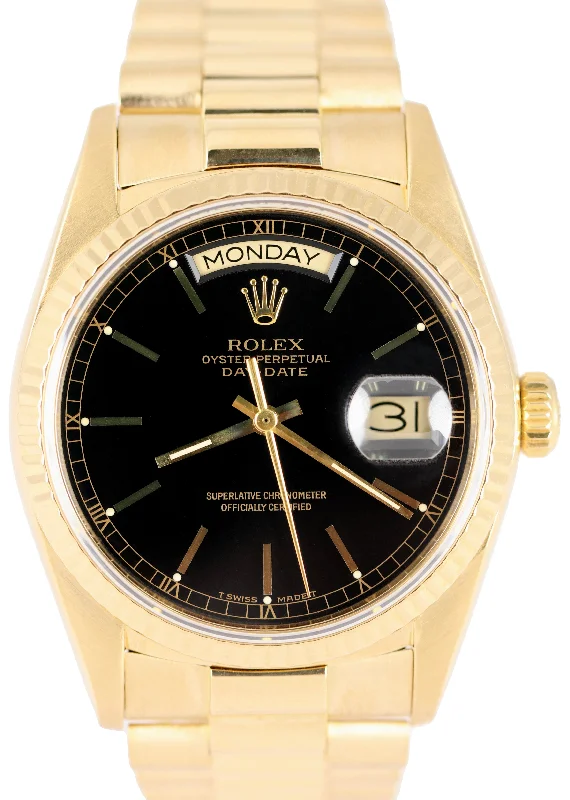 Titanium Watch for Men with Date Display-MINT 1987 Rolex Day-Date President 18038 36mm Black 18K Yellow Gold Watch