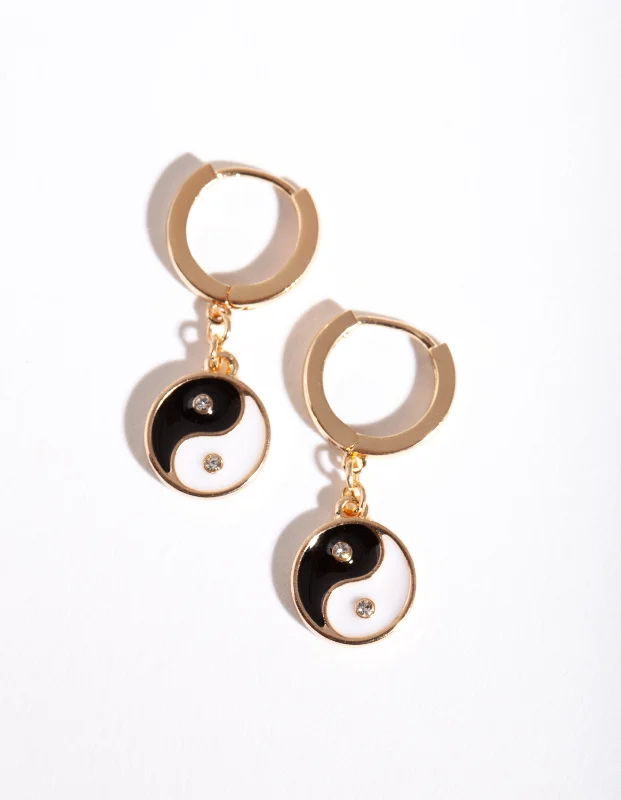 Stud Earrings for Teens-Gold Yin & Yang Huggie Earrings