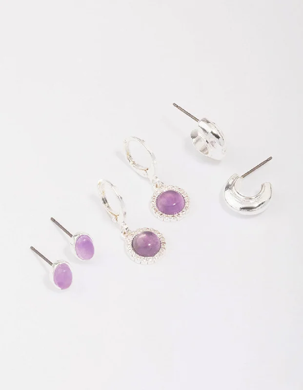 Dainty Pearl Earrings-Silver Plated Round Amethyst Earring 3-Pack