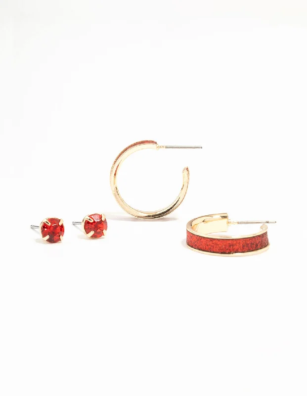 Round Hoop Earrings-Red Glitter Hoop Earrings & Red Diamante Stud Earrings 2-Pack