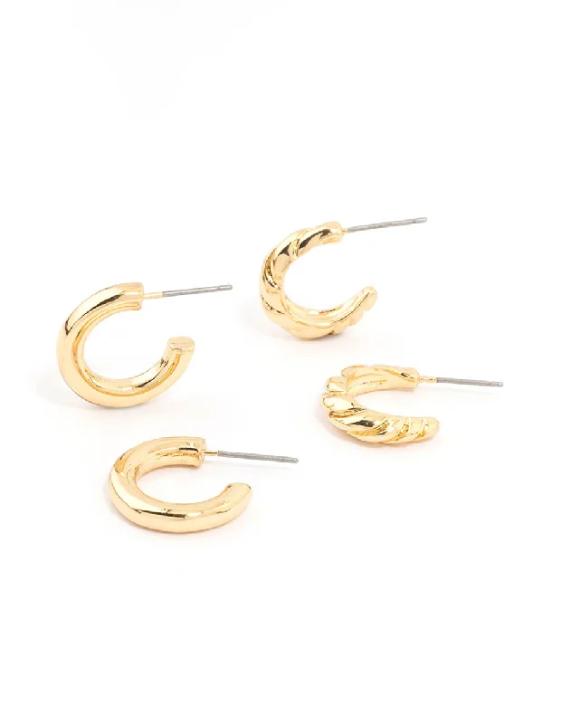 Double Drop Earrings-Gold Plated Textured & Smooth Hoop Earrings 2-Pack