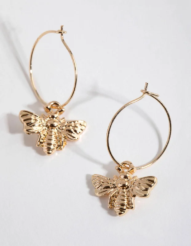 Boho Feather Earrings-Gold Bee Pendant Huggie Hoop Earrings