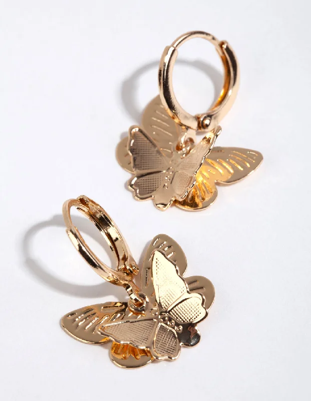 Metal Statement Earrings-Gold Double Butterfly Stamp Huggie Earrings