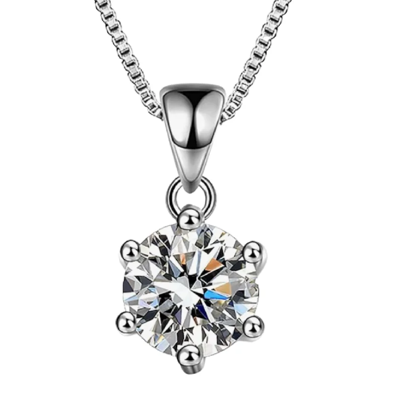 Custom Crystal Necklace-Simple Round Brilliant 6-Prong Pendant Necklace | S925 | Moissanite