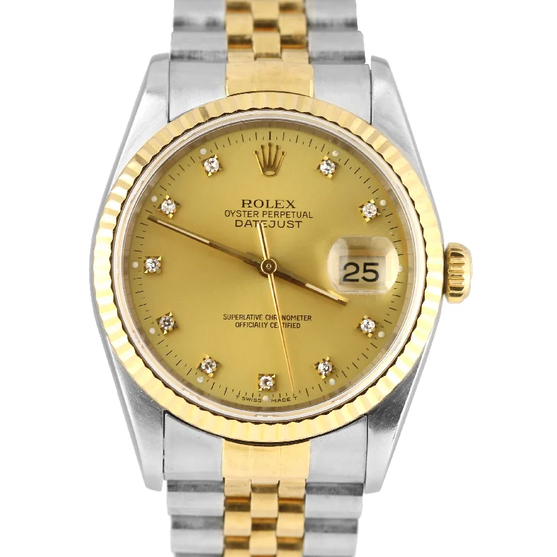 Men's Watch with Leather Strap-Rolex DateJust 36mm TwoTone CHAMPAGNE DIAMOND 18K Gold Steel Jubilee Watch 16233