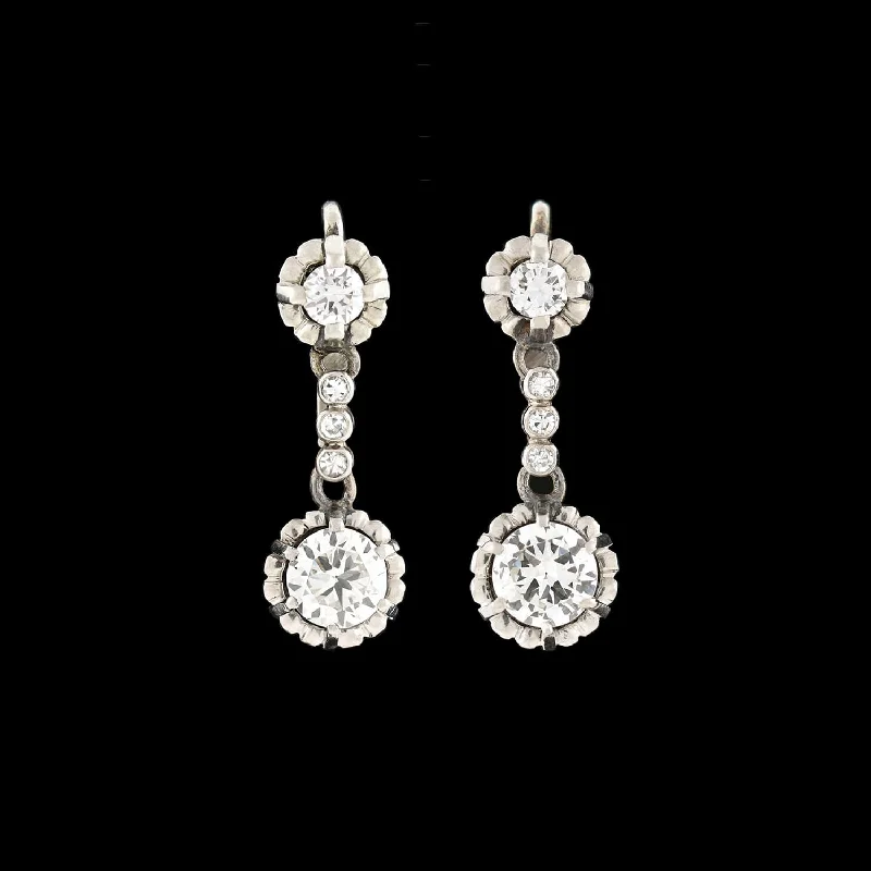 Rose Gold Earrings-Late Art Deco Platinum Diamond Dangle Earrings 1.75ctw