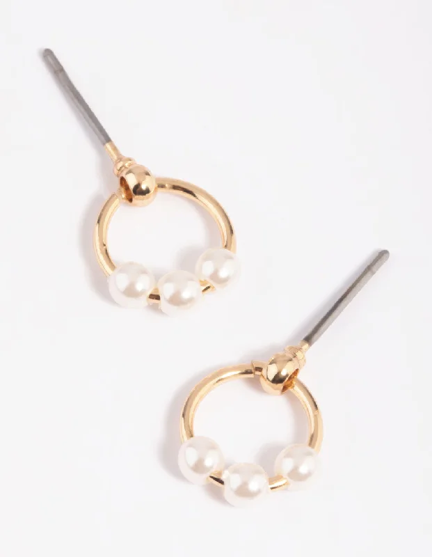 Glamour Diamond Earrings-Gold Pearl Circular Stud Earrings