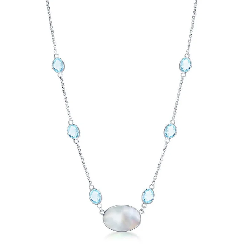 Crystal Beaded Necklace-SS Oval Blue Topaz and Mother Of Pearl Necklace