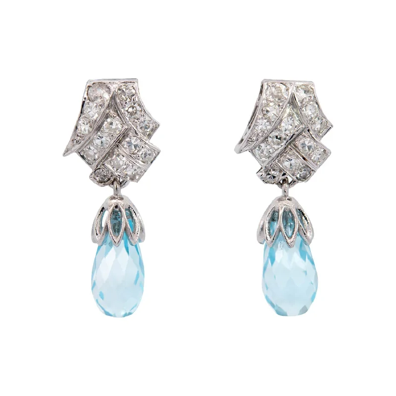 Large Statement Earrings-Late Art Deco Platinum Aquamarine Briolette + Diamond Earrings