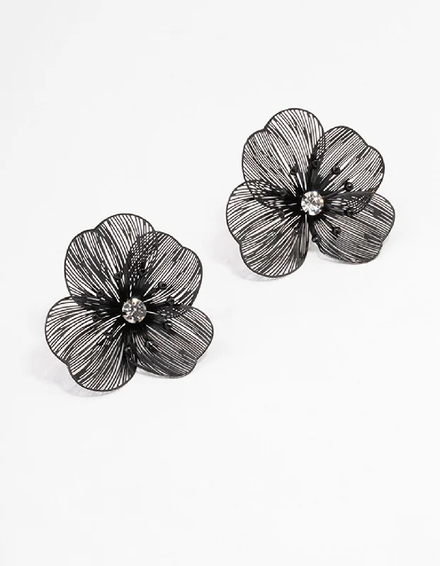 Geometric Dangle Earrings-Black Diamante Flower Stud Earrings