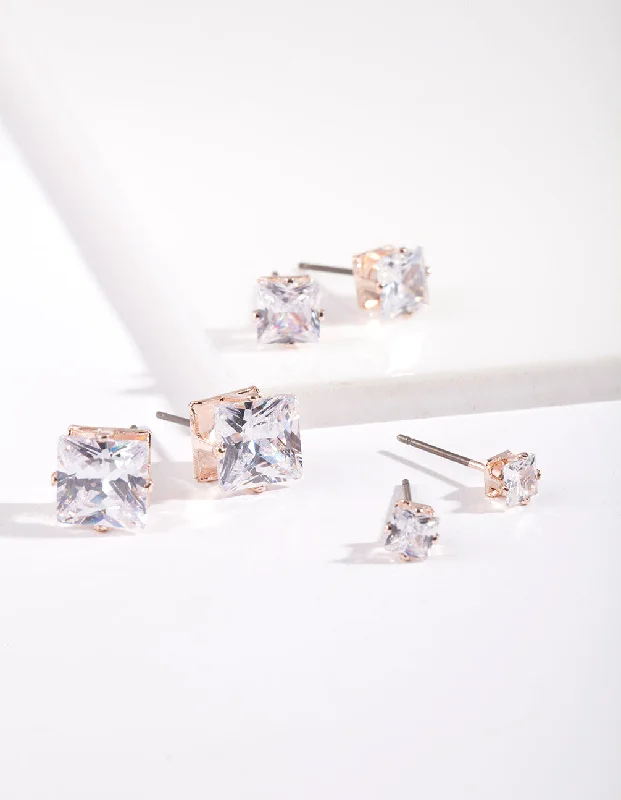 Rhinestone Earrings-Rose Gold Graduated Princess Cut Diamante Stud Earring Pack