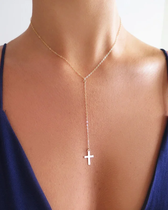 Silver Beaded Necklace-Cross Drop Necklace  - 14k Yellow Gold Fill