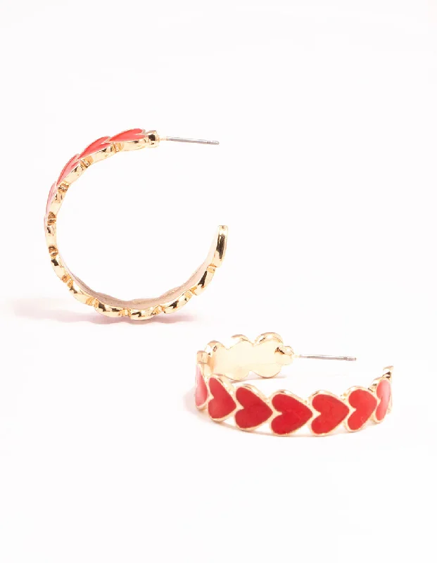 High-End Earrings-Red Heart Enamel Hoop Earrings