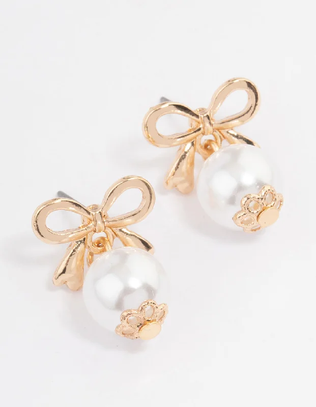 Modern Chandelier Earrings-Gold Bow Pearl Drop Earrings