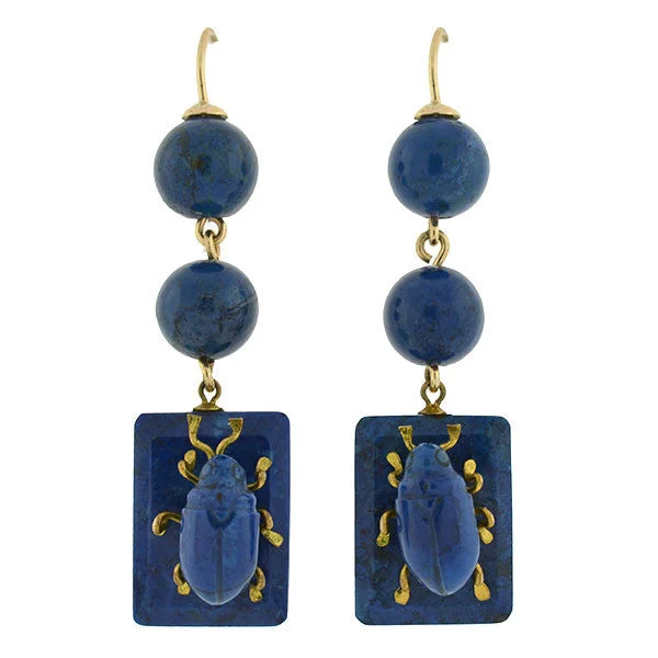 Freshwater Pearl Earrings-Victorian 10kt Carved Sodalite Bug Earrings