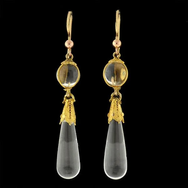 Hoop Earrings for Women-Victorian 14k Rock Quartz Crystal Teardrop Earrings