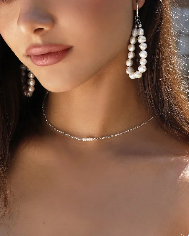 Fashionable Chain Necklace-Small Freshwater Pearl Stack Necklace  - Sterling Silver