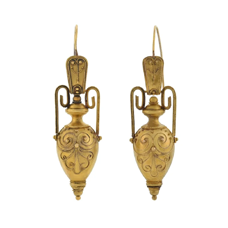 Elegant Gold Earrings-Victorian 15kt Etruscan Hanging Urn Earrings