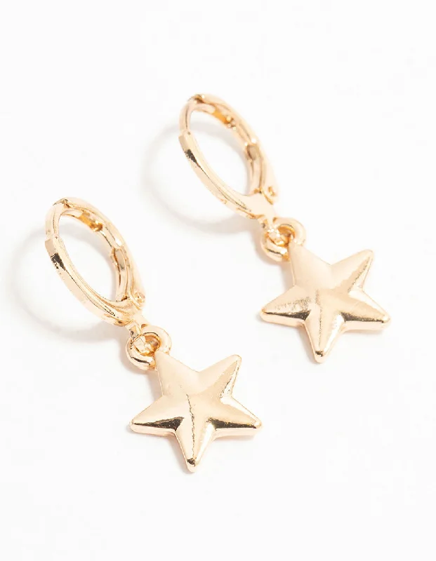 Artistic Earrings-Gold Star Drop Hoop Earrings