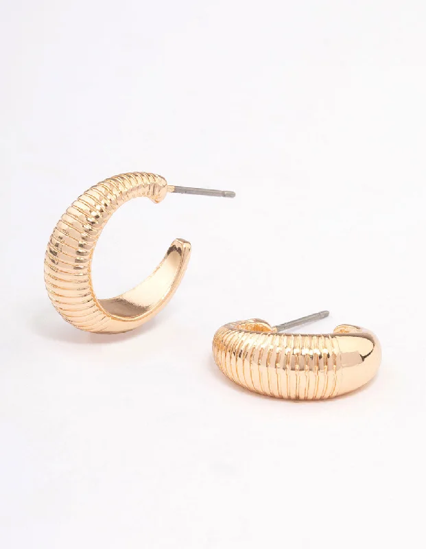 Large Silver Earrings-Gold Ribbed Teardrop Hoop Earrings