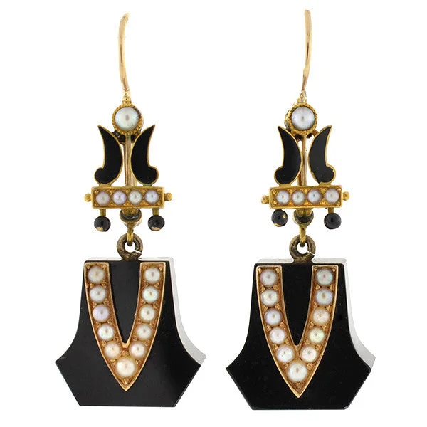 Multi-Colored Drop Earrings-Victorian 15kt Onyx, Seed Pearl & Enamel Earrings