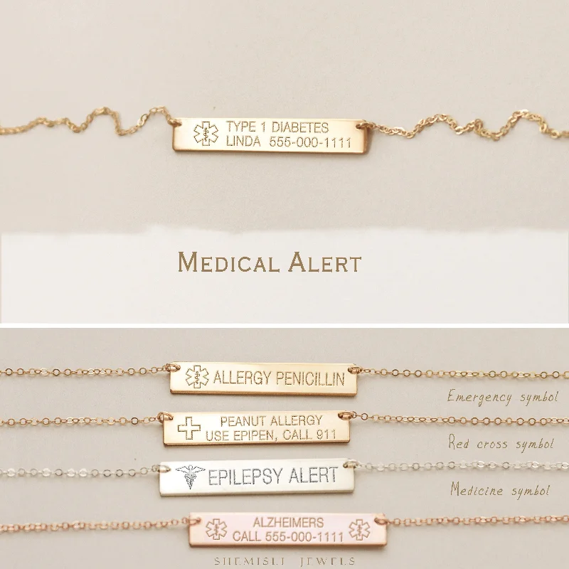 Boho Gemstone Necklace-Medical Alert Necklace, Medical Id Jewelry, Assistance On Nut Allergy, Type 1 Diabetes, Alzheimer,Unisex, Gold Filled, Silver • NBH40X6-04