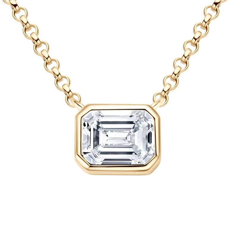 Handmade Silver Necklace-Bezel Set Emerald Cut Moissanite Diamond Necklace | S925 Sterling Silver