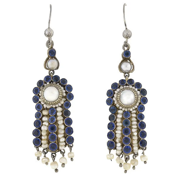 Casual Earrings-Arts & Crafts Era Austro-Hungarian Sterling Pearl & Faux Sapphire Earrings