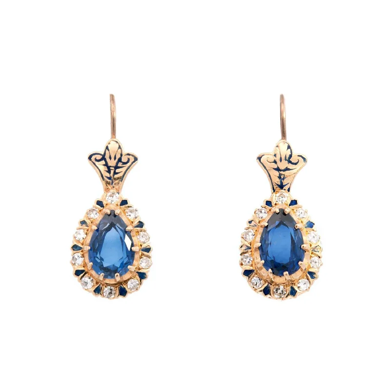 Fashionable Clip-On Earrings-Art Deco 14k Sapphire, Diamond, and Enamel Drop Earrings