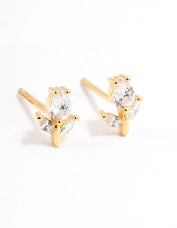 Modern Geometric Earrings-Gold Plated Sterling Silver Cubic Zirconia Flower Stem Stud Earrings