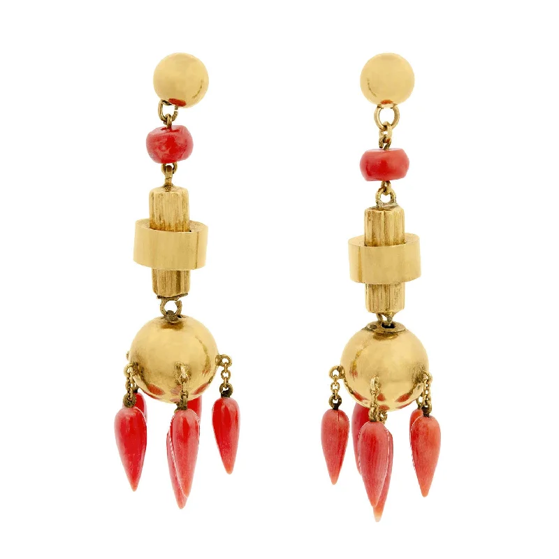 Fashion Pearl Earrings-Victorian 18K Natural Coral Chandelier Earrings