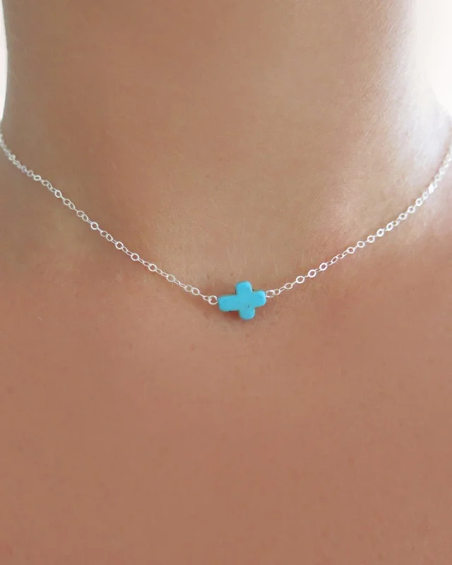 Long Gold Necklace-Turquoise Cross Choker Necklace