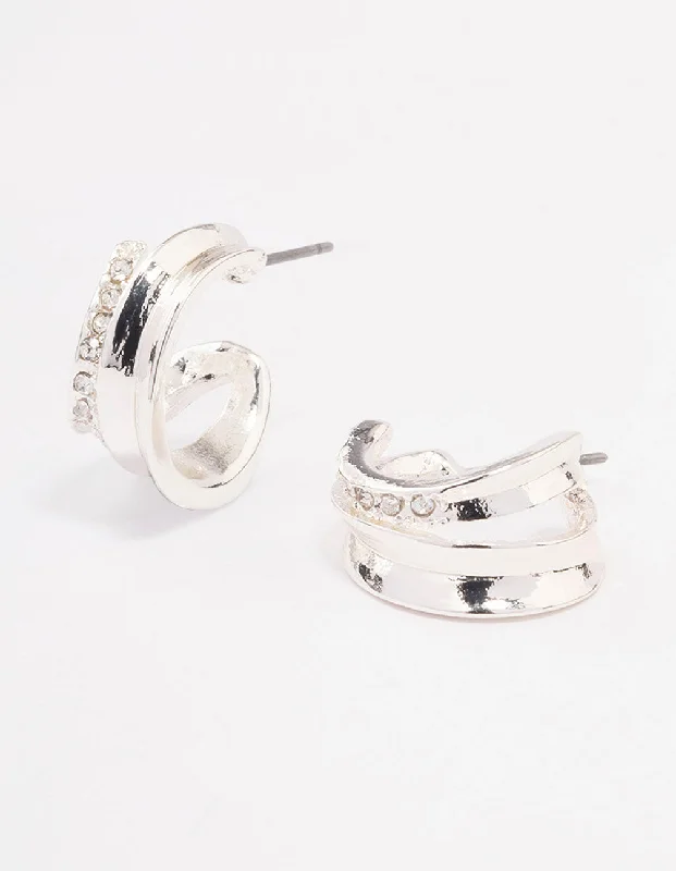 Elegant Hoops with Diamonds-Silver Diamante Ridged Double Hoop Earrings