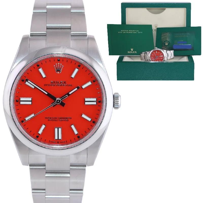 Elegant Gold Watch for Women-OCT 2021 BRAND NEW PAPERS Rolex Oyster Perpetual 41mm Coral Red Watch 124300