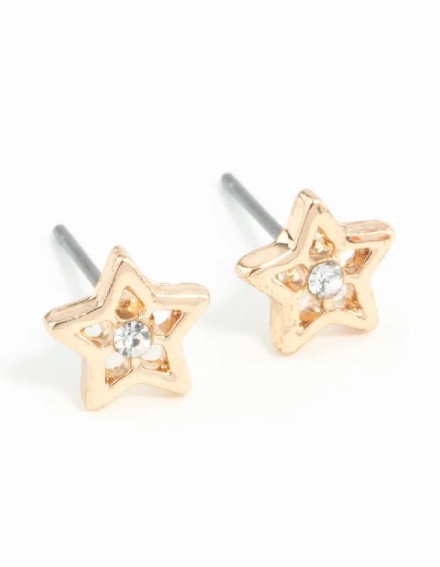 Elegant Pearl Earrings-Gold Star Diamante Stud Earrings