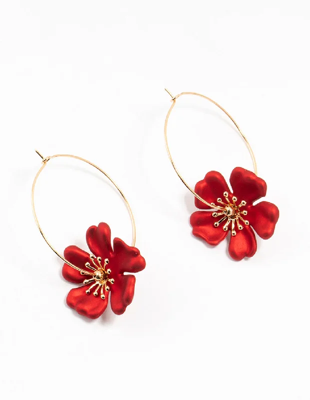 Elegant Gemstone Earrings-Gold & Red Pearlised Stapled Flower  Drop Earrings