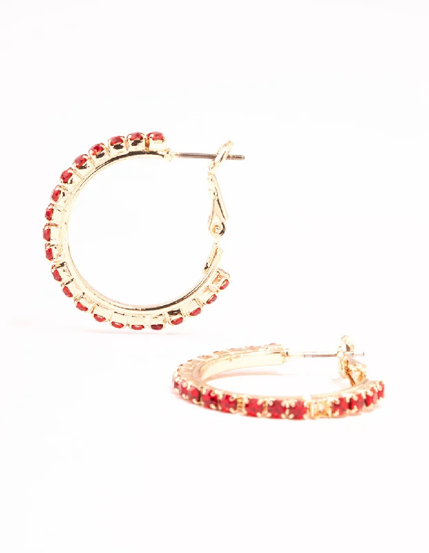 Classic Pearl Studs-Gold Cupchain Red Diamante Hoop Earrings