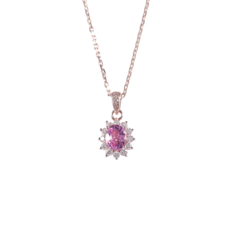 Vintage Pearl Necklace-Pink Sapphire Sunflower Oval Pendant Necklace | 18K Gold