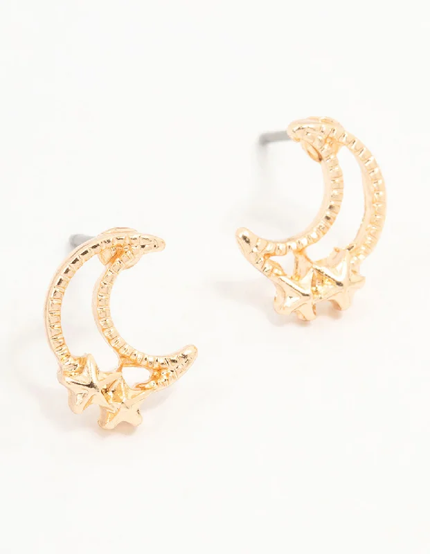 Petite Stud Earrings-Gold Stapled Moon & Star Stud Earrings